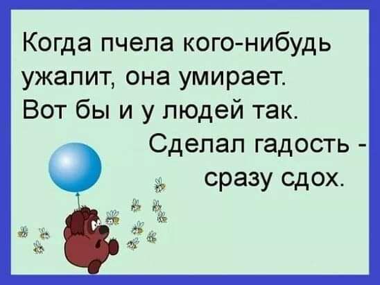 Когда пчела кого нибудь ужапит она умирает Вот бы и у людей так Сделал гадость сразу сдох Це а 15 5