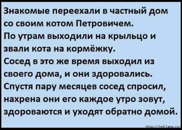 Знакомые переехали в частный дом со своим котом Петровичем По утрам выходили на крыльцо и звали кота на кормёжку Сосед в это же время выходил из своего дома и они здоровались Спустя пару месяцев сосед спросил нахрена они его каждое утро зовут здороваются и уходят обратно домой