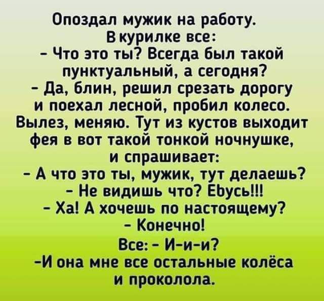 Опоздал мужик на работу В курилке все Что это ты Всегда Был такой пунктуальный а сегодня Да Блин решил срезать дорогу и поехал лесной пробил колесо Вылез меняю Тут из кустов выходит Фея в вот такой топкой иочнушке И спрашивает А что это ты мужик тут делаешь Не видишь что ЕЬусьН Ха А хочешь по настоящему Конечно Все И и и И она мне все остальные колёса и проколола