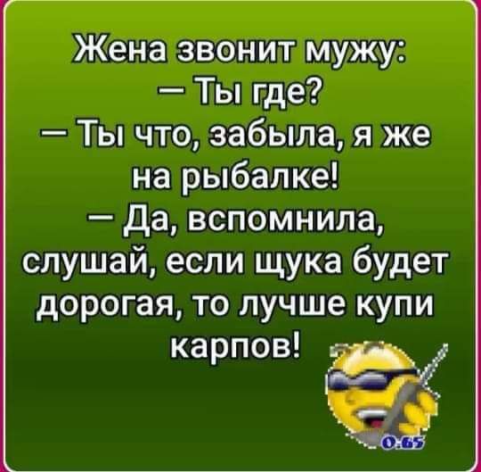 Жена звонит мужу Ты где Ты что забыла я же на рыбалке Да вспомнила слушай если щука будет дорогая то лучше купи карпов