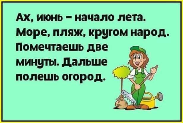 Ах июнь начало лета Море пляж кругом народ Пометешь две минуты дальше полешь огород Ъ вы А