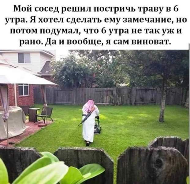 Мой сосед решил постричь траву в 6 утра Я хотел сделать ему замечание но потом подумал что 6 утра не так уж и рано Да и вообще я сам виноват