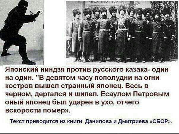 Японский ниндзя против русского казака один на один В девятом часу пополудни на огни костров вышел странный японец Весь в черном дергался и шипел Есаупом Петровым оный японец был удареи в ухо отчего вскорости помер Текст принодитсл из книги даиилвва и дмитриевя своп