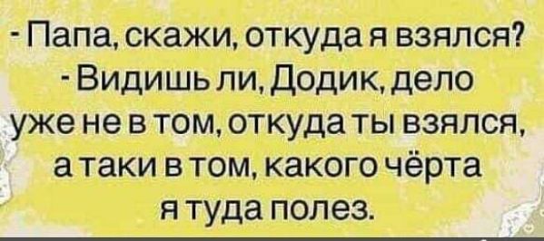 Папа скажи откуда я взялся Видишь ли Доди к дело уже не в том откуда ты взялся а таки в том какого чёрта я туда полез