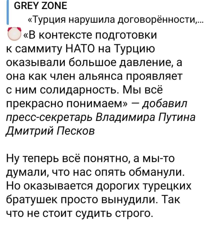 КЕУ 20МЕ Турция нарушила договорённости В контексте подготовки к саммиту НАТО на Турцию оказывали большое давление 3 она как член альянса проявляет с ним солидарность Мы всё прекрасно понимаем добавил пресссекретарь Владимира Путина Дмитрий Песков Ну теперь всё понятно а мы то думали что нас опять обманули Но оказывается дорогих турецких братушек просто вынудили Так что не стоит судить строго