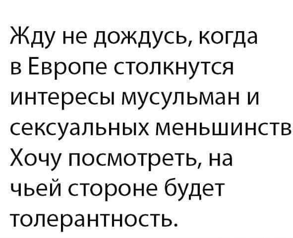 Жду не дождусь когда в Европе столкнутся интересы мусульман и сексуальных меньшинств Хочу посмотреть на чьей стороне будет толерантность
