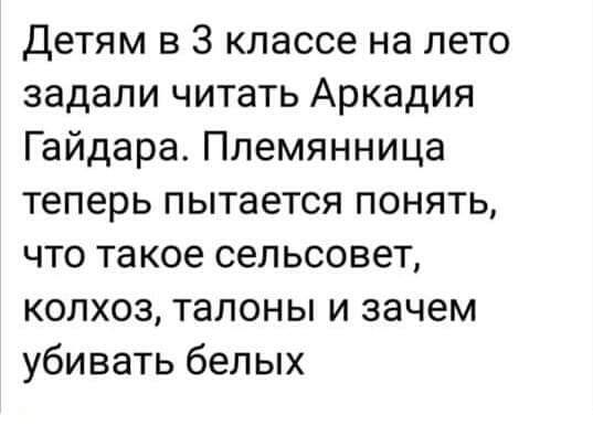 детям в 3 классе на лето задали читать Аркадия Гайдара Племянница теперь пытается понять что такое сельсовет колхоз талоны и зачем убивать белых