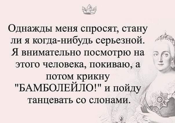 Однажды меня спросят стану _ ли я когданибудь серьезной Я внимательно посмотрю на этого человека покиваю а потом крикну БАМБОЛЕЙЛО и пойду танцевать со слонами а