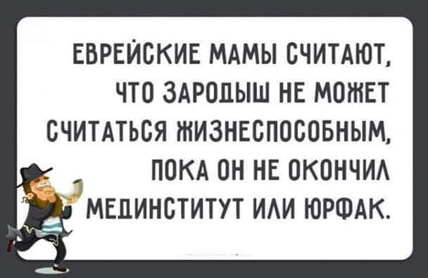 ЕВРЕЙСКИЕ МАМЫ СЧИТАЮТ ЧТО ЗАРОЦЫШ НЕ МОЖЕТ СЧИТАТЬБЯ ШИЗНЕСПОСПБНЫМ ПОКА ОН НЕ ОКОНЧИА МЕПИНСТИТУТ ИАИ ЮРФАК