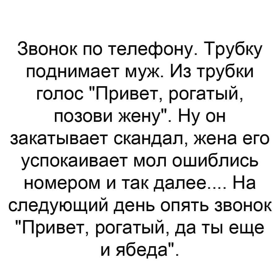 Звонок по телефону Трубку поднимает муж Из трубки голос Привет рогатый  позови жену Ну он закатывает скандал жена его успокаивает мол ошиблись  номером и так далее На следующий день опять звонок Привет