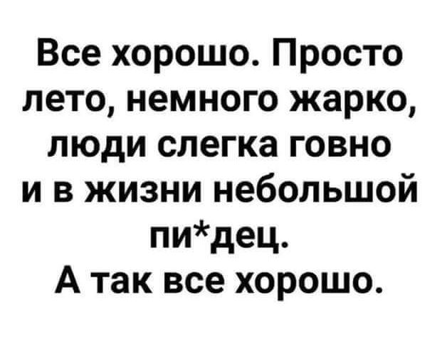 Все хорошо Просто лето немного жарко люди слегка говно и в жизни небольшой пидец А так все хорошо