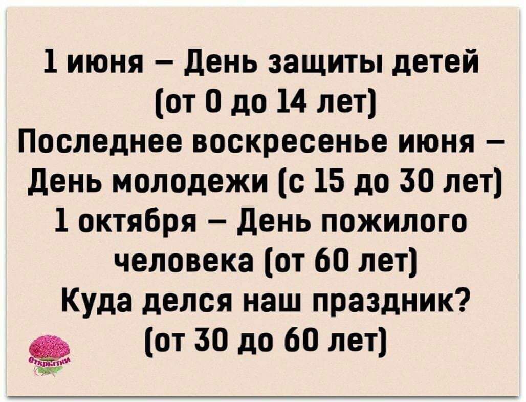 1 июня день защиты детей от О до 14 лет Последнее воскресенье июня день молодежи с 15 до 30 лет 1 октября день пожилого человека от 60 лет Куда делся наш праздник от 30 до 60 лет