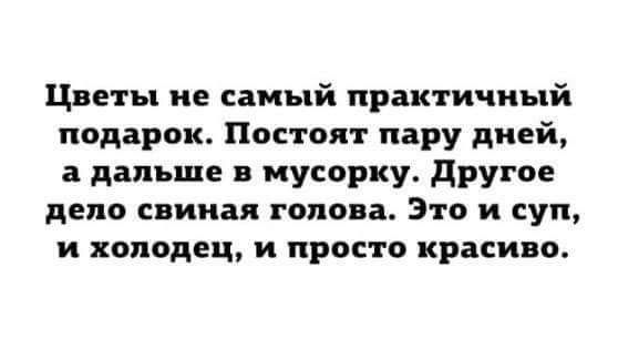 Цветы не самый практичный подарок Постоян пару дней а дальше иусориу другое дело свиная голова Это и суп и колодец и просто красиво