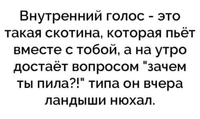 Внутренний голос это такая скотина которая пьёт вместе с тобой а на утро достаёт вопросом зачем ты пила типа он вчера ландыши нюхал