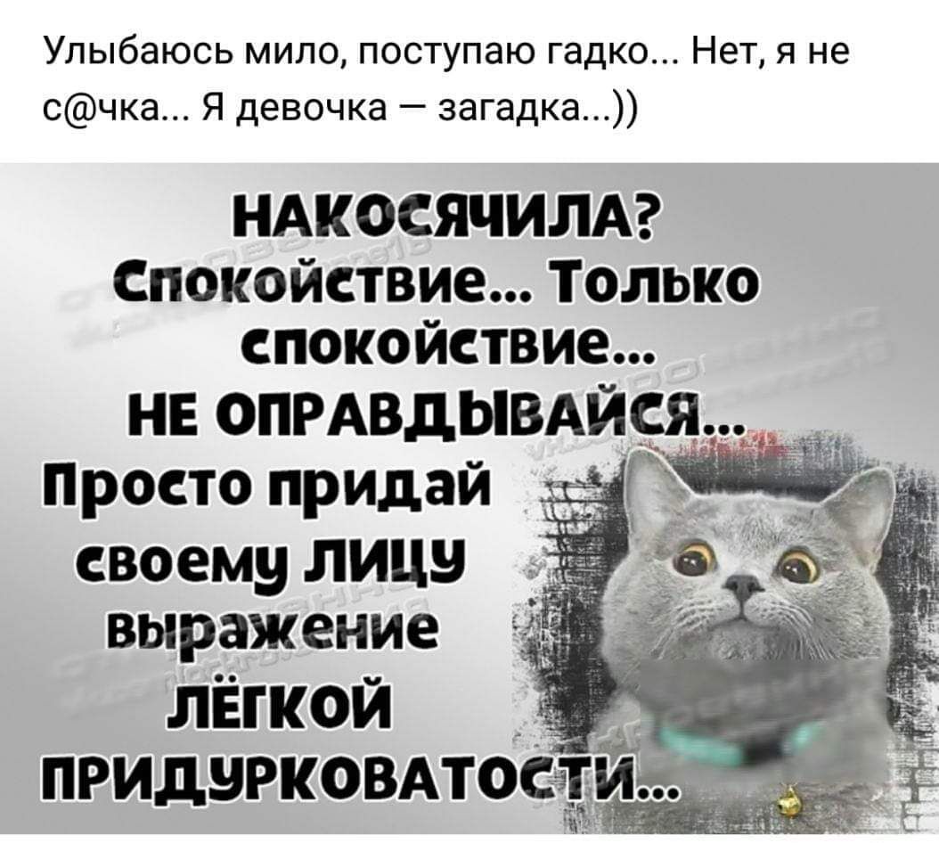 Улыбаюсь мило поступаю гадко Нет я не сча я девочка загадка НАКОСЯЧИЛА Спокойствие Только спокойствие НЕ ОПРАВДЫВАЙСЯ Просто придай своему лицу выражение лёгкой