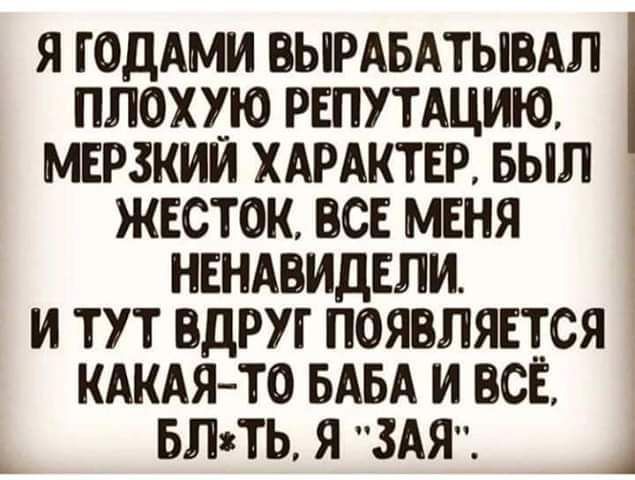 Я ГОДАМИ ВЫРАБАТЫВАЛ ППОХХЮ РЕПУТАЦИЮ МЕРЗКИИ ХАРАКТЕР БЫЛ ЖЕСТОК ВСЕ МЕНЯ НЕНАВИДЕПИ И ТУТ ВДРУГ ПОЯВЛЯЕТСЯ КАКАЯТО БАБА И ВСЁ визть Я ЗАЯ