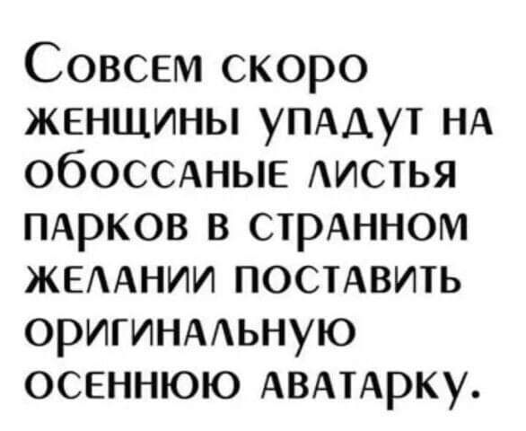 Совсем скоро женщины упмут НА ОбОССАНЫЕ листья ПАРКОВ в стрАнном жемнии постАвить оригинмьную осеннюю АВАтАрку