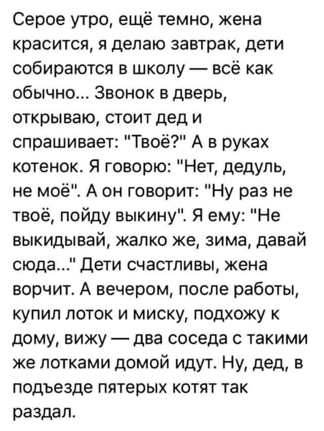 Серое утро ещё темно жена красится я делаю завтрак дети собираются в школу всё как обычно Звонок в дверь открываю стоит дед и спрашивает Твоё А в руках котенок Я говорю Нет дедуль не моё А он говорит Ну раз не твоё пойду выкину Я ему Не выкидывай жалко же зима давай сюда Дети счастливы жена ворчит А вечером после работы купил поток и миску подхожу к дому вижу два соседа такими же лотками домой иду