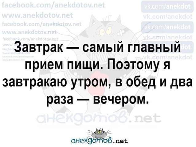 Завтрак самый главный прием пищи Поэтому я завтракаю утром в обед и два раза вечером 45 аиеи9о пве