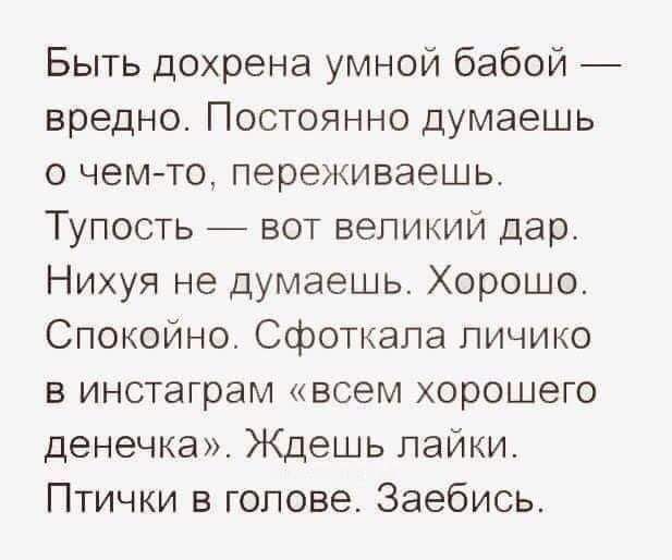 Быть дохрена умной бабой вредно Постоянно думаешь о чемто переживаешь Тупость вот великии дар Нихуя не думаешь Хорошо Спокойно Сфоткапа личико в инстаграм всем хорошего денечка Ждешь пайки Птички в голове Заебиоь