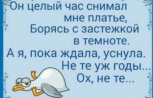 н Целый час снимай мне платье Борясь с застежкой в темноте А я пока ждала уснула Не те уж годы_ Ох не те Ёь