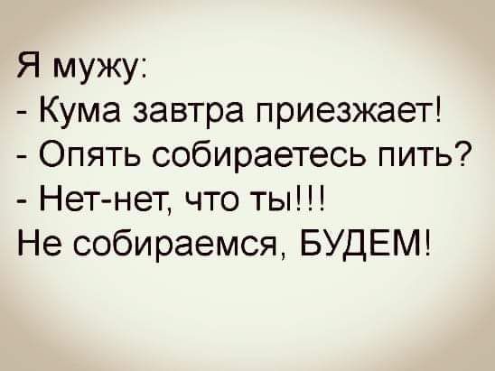 Я мужу Кума завтра приезжает Опять собираетесь пить Нет нет что ты Не собираемся БУДЕМ