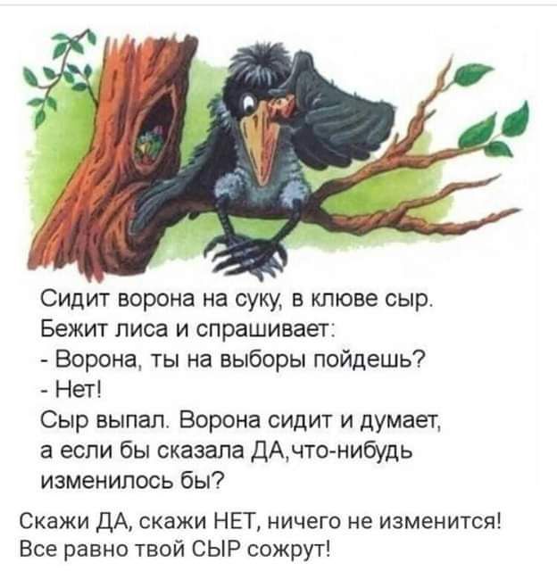 Сидит ворона на суку в клюве сыр Бежит лиса и спрашивает Ворона ты на выборы пойдешь Нет Сыр выпал Ворона сидит и думает а если бы сказала дАчто нибудь изменилось бы Скажи дА скажи НЕТ ничего не изменится Все равно твой СЫР сожрут