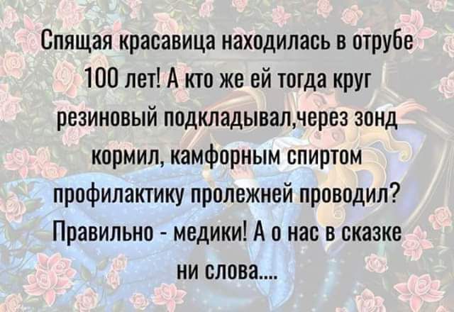 Спящая красавица находилась в трубе 100 лет А кто же ей тогда круг резиновый подкладывалнерез зонд кормил камфорным спиртом профилактику пролежией проводил Правильно медики А о нас в сказке ни слова