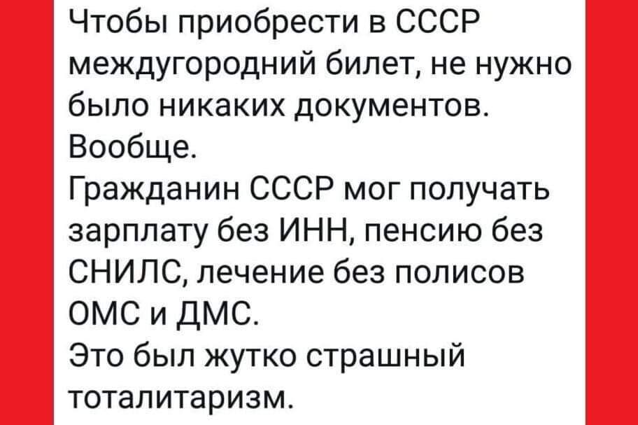 Чтобы приобрести в СССР междугородний билет не нужно было никаких документов Вообще Гражданин СССР мог получать зарплату без ИНН пенсию без СНИЛС лечение без полисов ОМС и дМС Это был жутко страшный ТОТаПИТЗРИЗМ