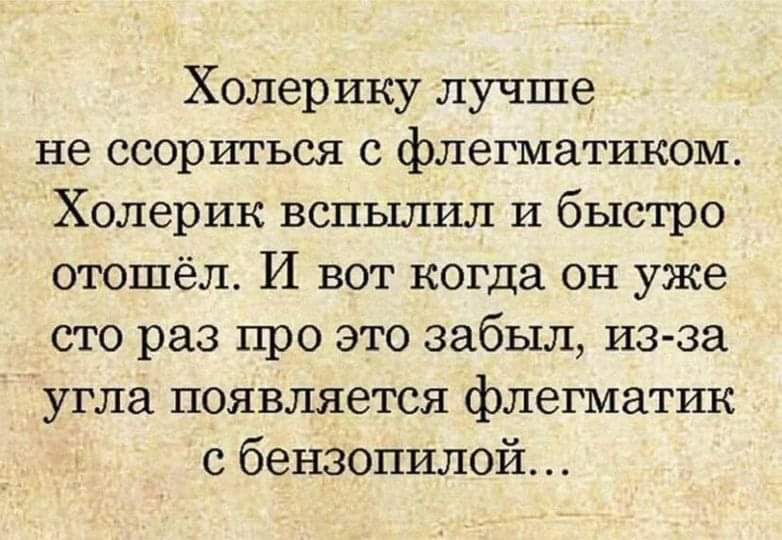 Холерику лучше не ссориться флегматиком Холерик вспъшил и быстро отошёл И вот когда он уже сто раз про это забыл из за угла появляется флегматик с бензопилой