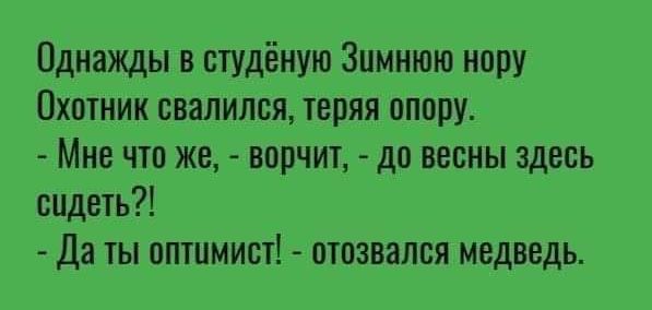 Однажды в вгудёную Зимнюю нору Охотник свалился теряя опору Мне что же ворчит до весны здесь сидеть да ты опшмист оюэвапся медведь
