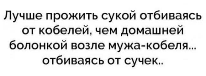 Лучше прожить сукой отбиваясь от кобелей чем домашней болонкой возле мужа кобеля отбиваясь от сучек
