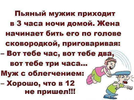 Пьяный мужик приходит и 3 часа ночи домой Жена начинает бить его по голове сковородкой приговаривая Вот тебе час вот тебе два вот тебе три часа Муж облегчением д Хорошо что в 12 не пришел