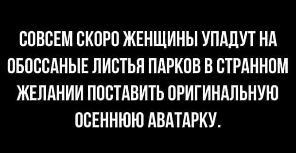 СОВСЕМ СКОРО ЖЕНЩИНЫ УПАЛУТ НА ОБОССАНЫЕ ЛИСТЬН ПАРКОВ В СТРАННОМ ЖЕЛАНИИ ПОСТАВИТЬ ОРИГИНАЛЬНУЮ ОСЕННЮЮ АВАТАРКУ