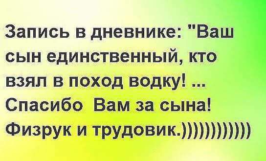 Запись в дневнике Ваш сын единственный кто взял в поход водку Спасибо Вам за сына Физрук и трудовик
