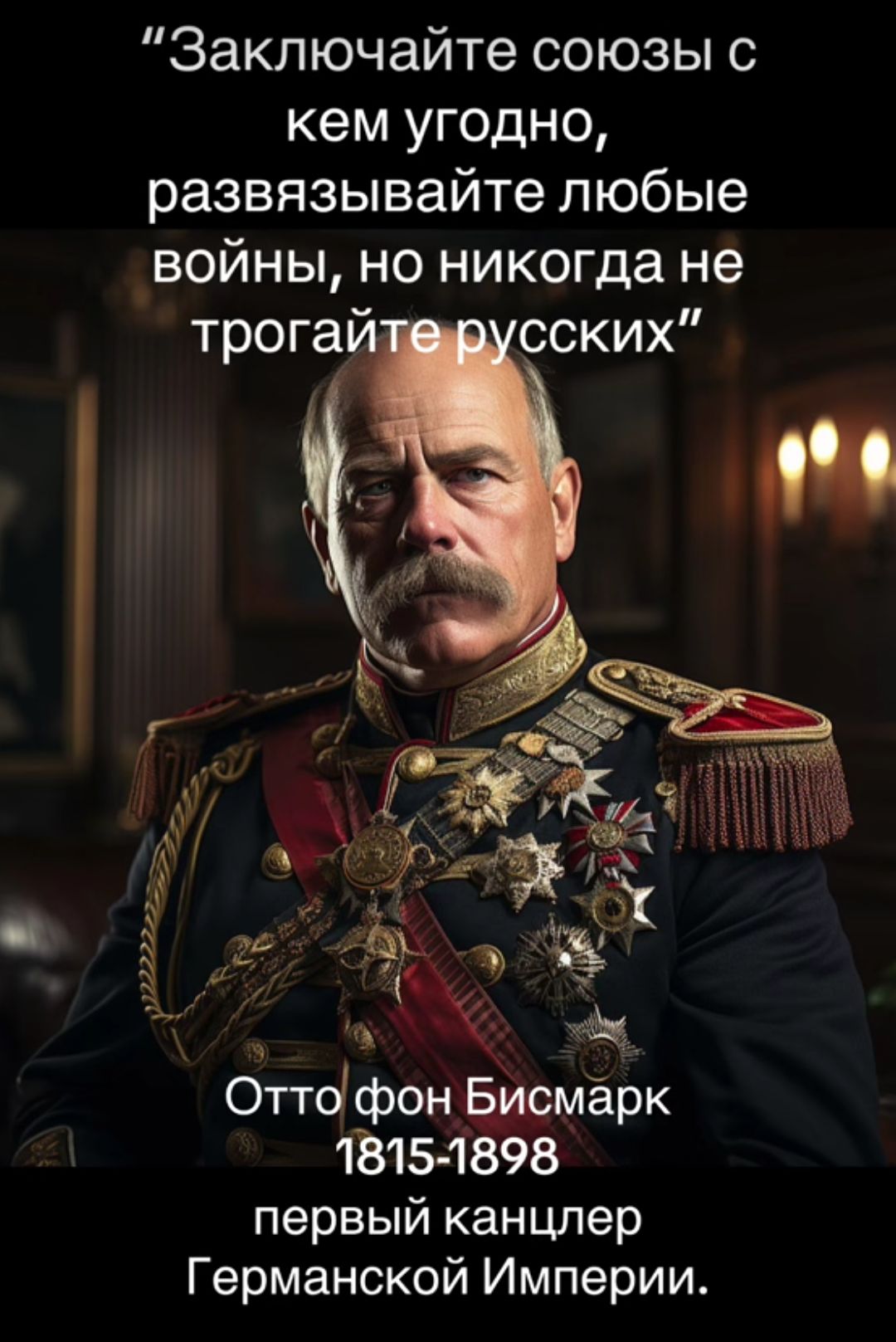 Заключайте союзы с кем угодно развязывайте любые войны но никогда не трога сских Оттофон Бисмарк 1815 1898 первый канцлер Германской Империи