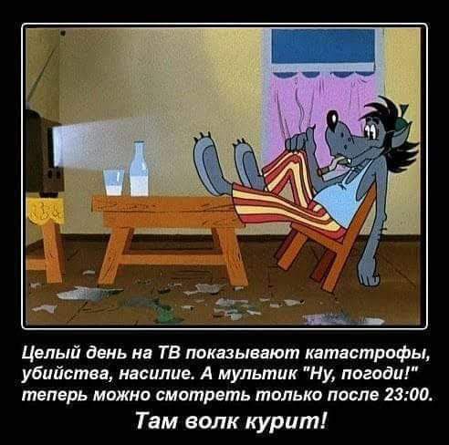 Целый день на ТВ показывают квт строфы убийстве насилие А мультик Ну погоди теперь мпжно смотрвть только после 2300 Там волк курит