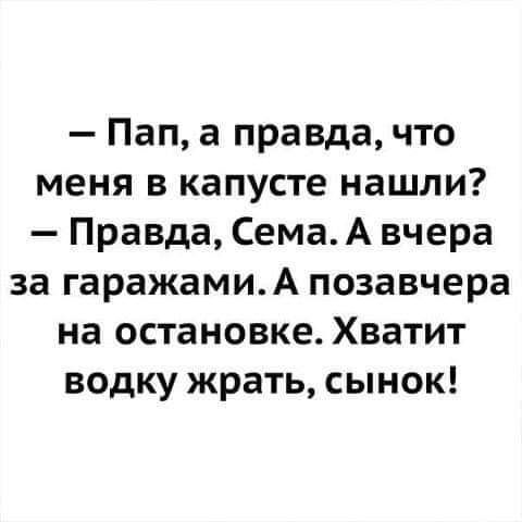 Пап а правда что меня в капусте нашли Правда СемаА вчера за гаражамиА позавчера на остановке Хватит водку жрать сынок