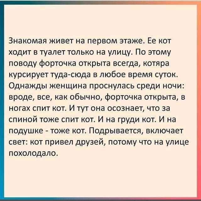 Знакомая живет на первом этаже Ее кот ходит в туалет только на улицу По этому поводу форточке открыта всегда котяра курсирует туда сюда в любое время суток Однажды женщина проснулась среди ночи вроде все как обычно форточке открыта в ногах СПИТ КОТ И ТУТ она осознает ЧТО За спиной тоже спит кот И на груди кот И на подушке тсже кот Подрывается включает свет кот привел друзей потому что на улице ПОХ