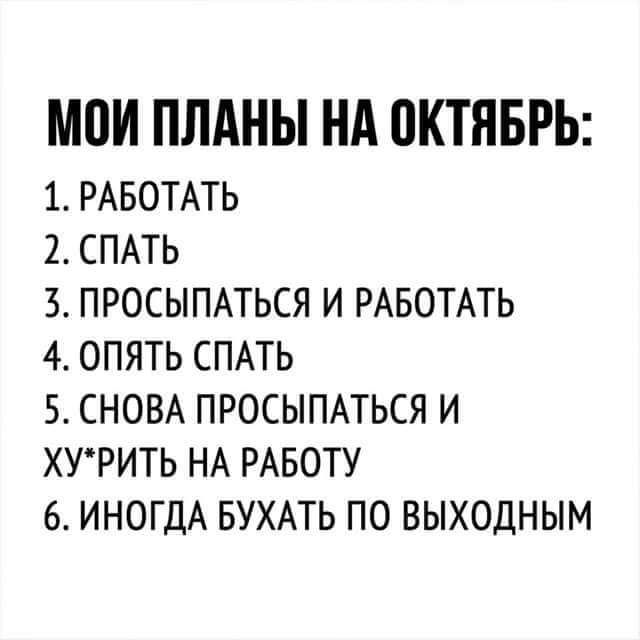 МПИ ПЛАНЫ НА ОКТЯБРЬ 1 РАБОТАТЬ 2 СПАТЬ З ПРОСЫПАТЬСЯ И РАБОТАТЬ 4 ОПЯТЬ СПАТЬ 5 СНОВА ПРОСЫПАТЬСЯ И ХУРИТЬ НА РАБОТУ 6 ИНОГДА БУХАТЬ ПО ВЫХОДНЫМ