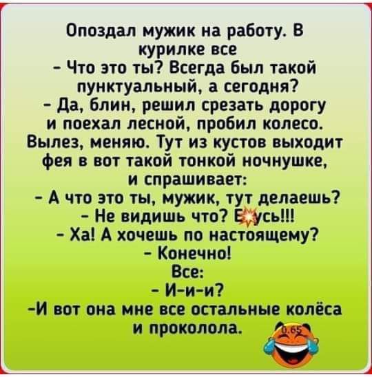 Оппздал мужик на работу В курилке все Что это ты Всегда Был такой пунктуальный а сегодня да блин решил срезать дорогу и поехал лесной пробил колесо Вылез меняю Тут из кустов выходит фея в вот такой тонкой ночнушке и спрашивает А что это ты мужик тут делаешь Не видишь что Вип Ха А хочешь по настоящему Конечно Все И и и И вот она мне все остальные колёса И проколола