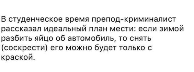 в студенческое время препод криминалист рассказал идеальный план мести если зимой разбить яйцо об автомобиль то сняуь соскрести его можно будет только с краской