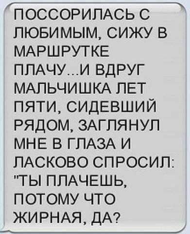 _ ПОССОРИПАСЬ С ЛЮБИМЫМ СИЖУ В МАРШРУТКЕ ППАЧУИ ВДРУГ МАЛЬЧИШКА ЛЕТ ПЯТИ СИДЕВШИЙ РЯДОМ ЗАГПЯНУП МНЕ В ГЛАЗА И ПАСКОВО СПРОСИП ТЫ ППАЧЕШЬ ПОТОМУ ЧТО ЖИРНАЯ ДА _