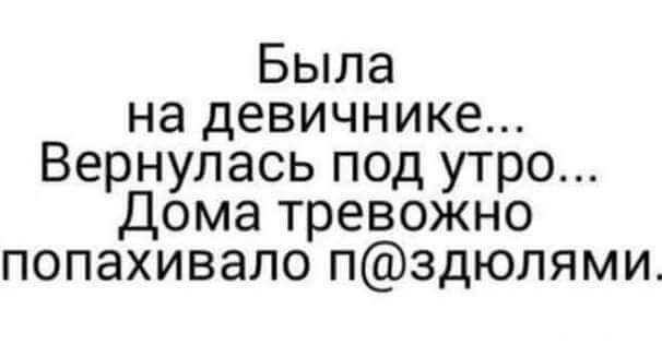 Была на девичнике Вернулась под утро Дома тревожно попахивало пздюпями
