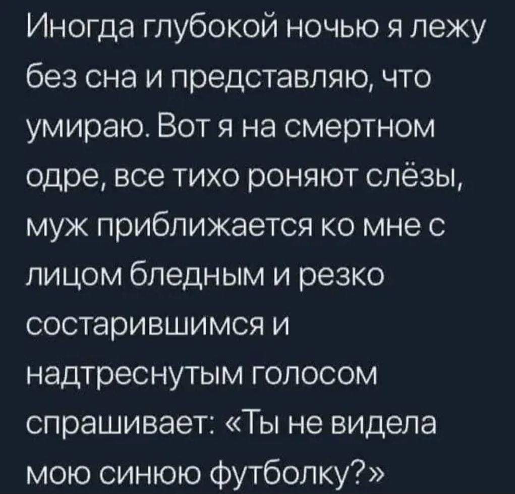 Иногда глубокой ночью я лежу без сна и представляю что умираю Вот я на смертном одре все тихо роняют слёзы муж приближается ко мне с лицом бледным и резко состарившимся и надтреснутым голосом спрашивает Ты не видела мою синюю Футболку