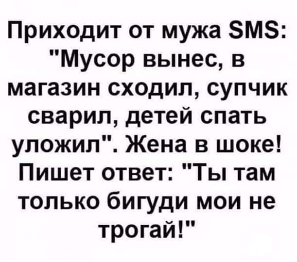 Приходит от мужа ЗМЗ Мусор вынес в магазин сходил супчик сварил детей спать уложил Жена в шоке Пишет ответ Ты там только бигуди мои не трогай