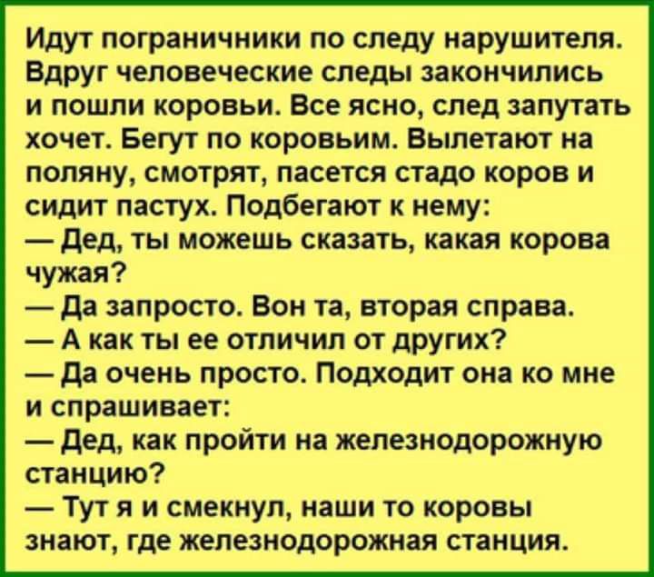 Идут пограничники по следу нарушителя Вдруг человеческие следы закончились и пошли коровьи Все ясно след запутать кочет Бегут по коровьим Вылетяют на поляну смотрят пасется стадо коров и сидит пастух Подбегают к нему дед ты можешь сказать какая корова чужая да запросто Вон та вторая справа А как ты ее отличии от других да очень просто Подходит она ко мне и спрашивает дед как пройти на железнодорож