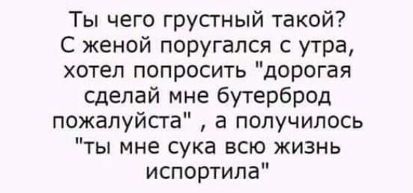 Ты чего грусгный такой С женой поругался с утра хотел попросить дорогая сделай мне бутерброд пожалуйста а получилось ты мне сука всю жизнь испортила