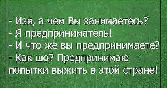 Изя а чем Вы занимаетесь Я предприниматель 3 И что же вы предпринимаете Как шо Предпринимаю попытки выжить в этой сгране