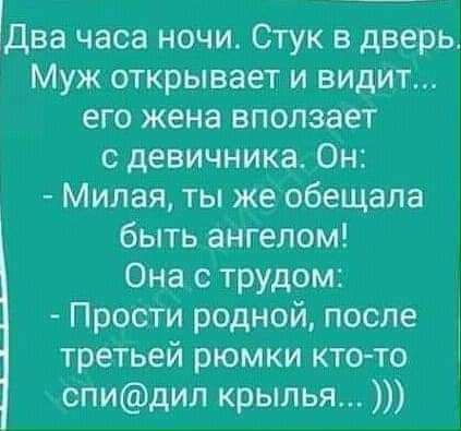 Два часа ночи Стук в дверь Муж открывает и видит его жена вползает с девичника Он Милая ты же обещала быть ангелом Она с трудом Прости родной после третьеи рюмки ктото спидил крылья